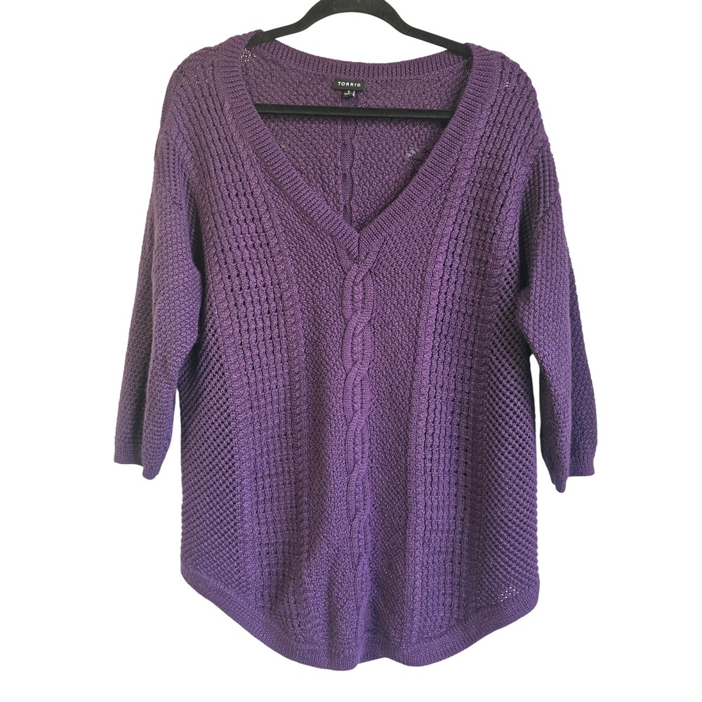 Torrid Purple Metallic Cable Knit V-Neck Sweater 3/4 Sleeve Plus Size 1 1X